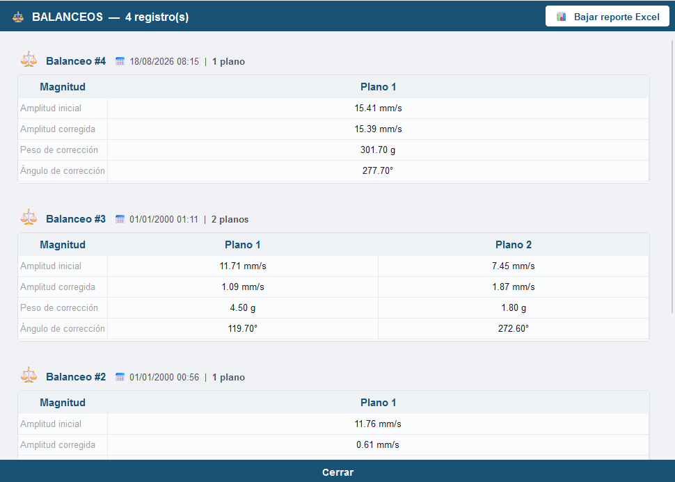 Listado de balanceos en Vibrator Manager
